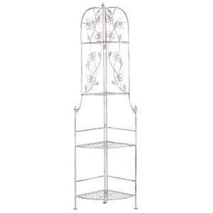 Scaffale angolare bianco Beliani Biella in metallo con decoro floreale, 158x35x35 cm. Arredo giardino stile rustico.
