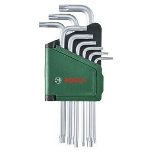 Bosch Torxschlüssel-Set, 9-teilig, mit Halterung. Schlüssel aus S2-Stahl, verchromt.