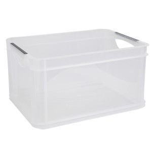 Transparente Rotho Systembox A4 zur Aufbewahrung, stapelbar und mit Griffen.