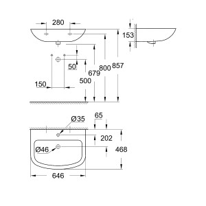Dessin technique : Lavabo Grohe Bau Keramik, lave-mains avec dimensions.