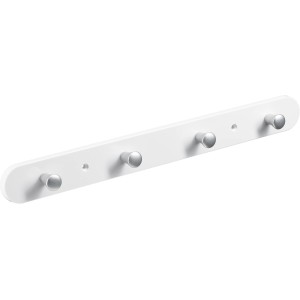 Weiße Hettich Garderobenleiste aus Kunststoff mit 4 Haken in Aluminium-Optik.