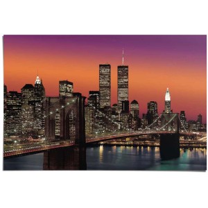 Maxi poster New York : Pont de Brooklyn de nuit, skyline illuminée au coucher du soleil.
