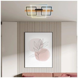 Plafonnier LED dimmable avec 3 éléments métalliques et base en bois (44W, 4400lm).