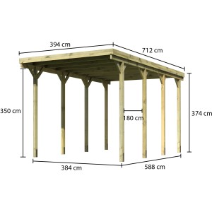 Karibu Caravan Carport mit Maßangaben: 350 cm Durchfahrtshöhe, Holzkonstruktion.