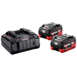 Metabo Basis-Set mit schwarzem Schnellladegerät ASC 145 und zwei roten 18V LiHD 5,5 Ah Akkus für Elektrowerkzeuge.