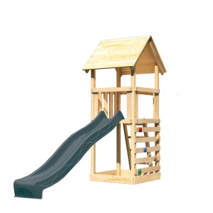 Karibu Spielturm Lotti mit Rutsche und Kletterwand in Natur-Anthrazit für Kinder.