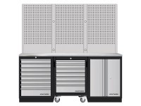 Kraftwerk Werkbank Mobilio 3er-Kombi mit Lochwand und Rollschrank Edelstahl