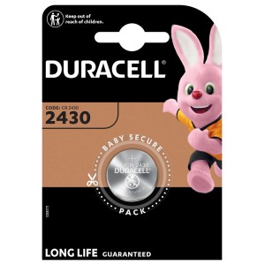 Pila a bottone al litio Duracell CR2430 in confezione di sicurezza per bambini.