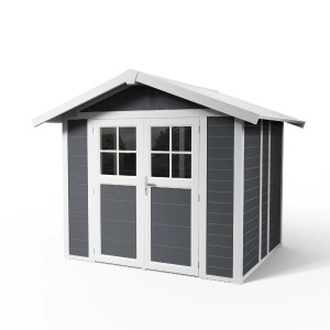 Grosfillex Kunststoff-Gartenhaus Deco 4,9 in Dunkelgrau mit Doppeltür und weißen Rahmen.