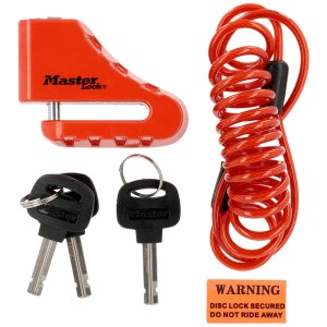 Master Lock Bremsscheibenschloss in Rot mit Kabel und Schlüsseln für Motorrad & Roller.
