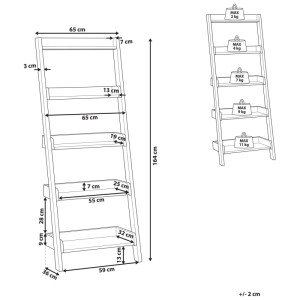 Étagère échelle Mobile Trio: Dessin technique avec dimensions et capacité de charge des 5 étagères marron/blanc, 164 cm.