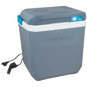 Campingaz Powerbox Plus 28 l Kühlbox, grau, mit 12V- und 230V-Anschluss.