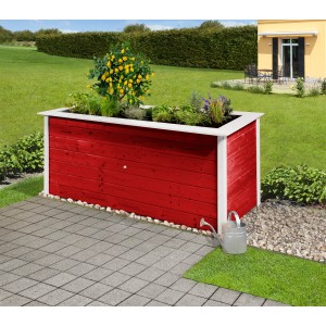 Aiuola rialzata Weka Profi 669, rosso svedese, con piante e annaffiatoio in giardino.