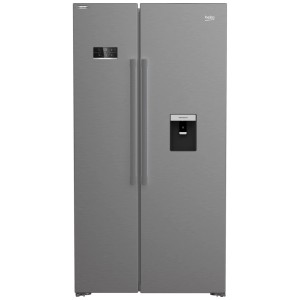 Réfrigérateur Side-by-Side Beko argenté avec écran numérique et distributeur d'eau.