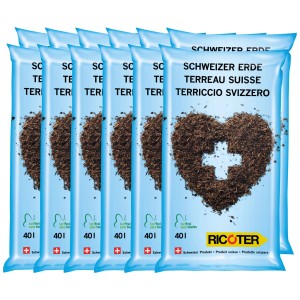 12 sacchi di terriccio svizzero Ricoter, terriccio universale senza torba in sacco da 40 l con croce svizzera.