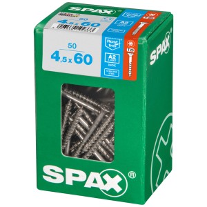 Vis Spax en acier inoxydable A2, 4,5x60mm, 50 pièces dans une boîte verte.