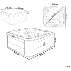 Diagramme technique du spa extérieur Beliani Tularosa. Montre les dimensions 210x210x90 cm, l'intérieur avec sièges, jets et couvercle.