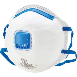 Masque CLS à soupape FFP2 : Blanc avec soupape bleue et élastiques pour une protection optimale.