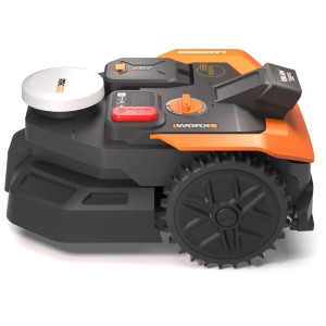 Robot tondeuse Worx M650 Landroid Vision Cloud avec module Cut to Zero, vue latérale.