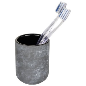 Portaspazzolino Wenko Sacile in ceramica grigia con due spazzolini.
