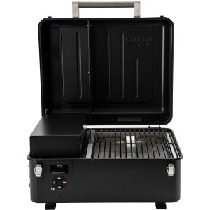 Grill à pellets Traeger Ranger noir ouvert avec grille et commande numérique.