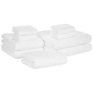 Set de serviettes Beliani Atai blanc, ensemble 9 pièces en coton avec serviettes de toilette, serviettes d'invités, draps de bain et tapis de bain.
