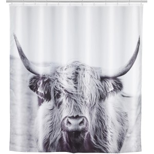 Tenda doccia Wenko Yak con motivo mucca Highland, 180x200 cm, poliestere, lavabile.