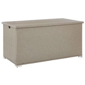 Coffre de rangement Modena en rotin taupe, 80x155x75cm, pour coussins de jardin.