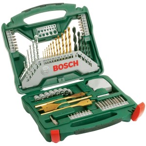 Set di punte Bosch X-Line in titanio, 70 pezzi, in valigetta verde con punte, inserti e bussole.