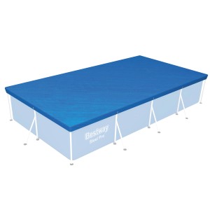 Bâche de piscine bleue Flowclear 410x226 cm sur piscine rectangulaire. Protection contre la saleté.