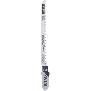 Lama per seghetto alternativo Bosch Pro T 101 AO Clean for Wood, confezione da 3, adatta per tagli puliti nel legno.