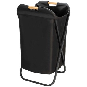 Cesto portabiancheria Wenko Loft nero con manici in legno, capacità 115 litri.