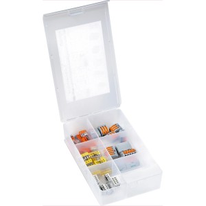 Boîte d'assortiment avec 45 bornes de connexion assorties.