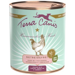 Terra Canis alimento umido per cani senza cereali con pollo, lattina da 800g. Alimento umido con pollo, pastinaca, more e tarassaco.