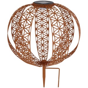 Lampe solaire LED Globo ronde en métal couleur rouille avec perforations décoratives et pique.