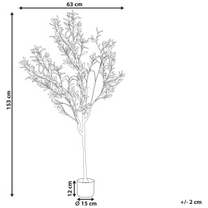 Schizzo della pianta artificiale di olivo Beliani, alta 153 cm, con dimensioni.