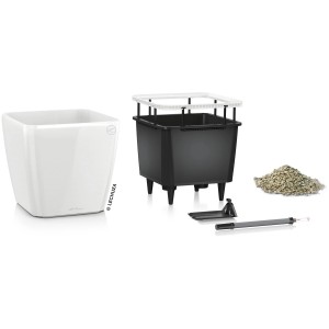 Lechuza Quadro Premium LS, 35 cm, bianco lucido, con inserto per piante, sistema di irrigazione e accessori.