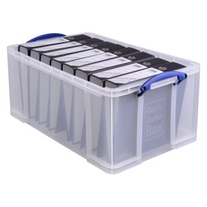 Transparente Clipbox 64 l mit blauem Clip gefüllt mit Ordnern. Aufbewahrungsbox für Büro.