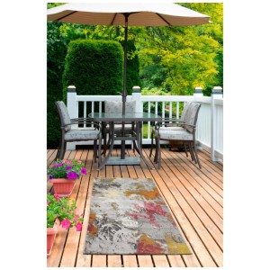 Tappeto Andiamo Portland grigio-multi da interno/esterno 80x150 cm su terrazza in legno.