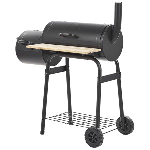 Barbecue au charbon de bois Beliani Satah noir avec fumoir et étagère en bois.
