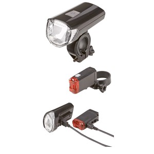 Kit d'éclairage de vélo à LED sur piles Prophete, avec câble de chargement USB.