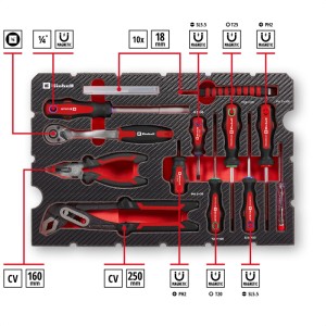 Einhell Coffret d'outils universel 80 pièces E-CASE : Assortiment d'outils avec tournevis, pinces et clés à cliquet.
