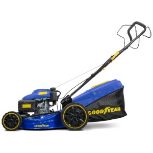 Tondeuse à essence Goodyear, 5 CV, bleue, avec bac de ramassage et accents jaunes.