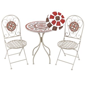 Ensemble bistro pliant Spello de Beliani, métal blanc avec motif mosaïque, idéal balcon et jardin.