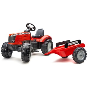 Trattore rosso Falk Massey Ferguson con rimorchio, un trattore giocattolo per bambini.
