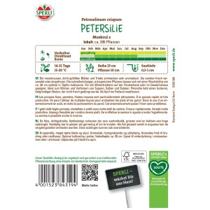 Sperli semi per erbe aromatiche Prezzemolo Moskrul 2: Confezione con info su semina e raccolto.