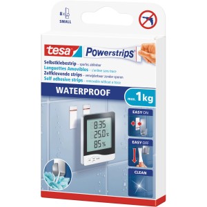 Tesa Crochet adhésif Waterproof avec 8 Powerstrips Small, adapté aux pièces humides, emballage.