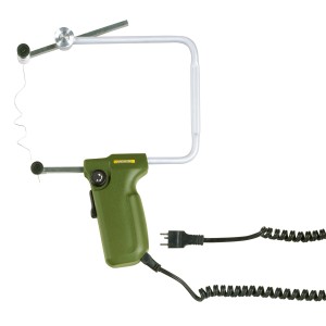 Taglierina a filo caldo Proxxon Thermocut 12/E per polistirolo, con manico verde e arco di taglio.