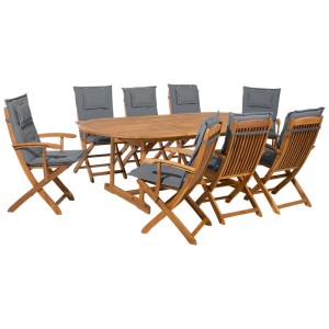 Ensemble de jardin Beliani Maui 9 p.: Table extensible en acacia marron avec 8 chaises pliantes et coussins graphite.
