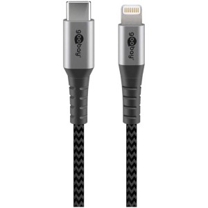 Câble textile USB-C vers Lightning (1 m) noir et gris pour audio et vidéo.
